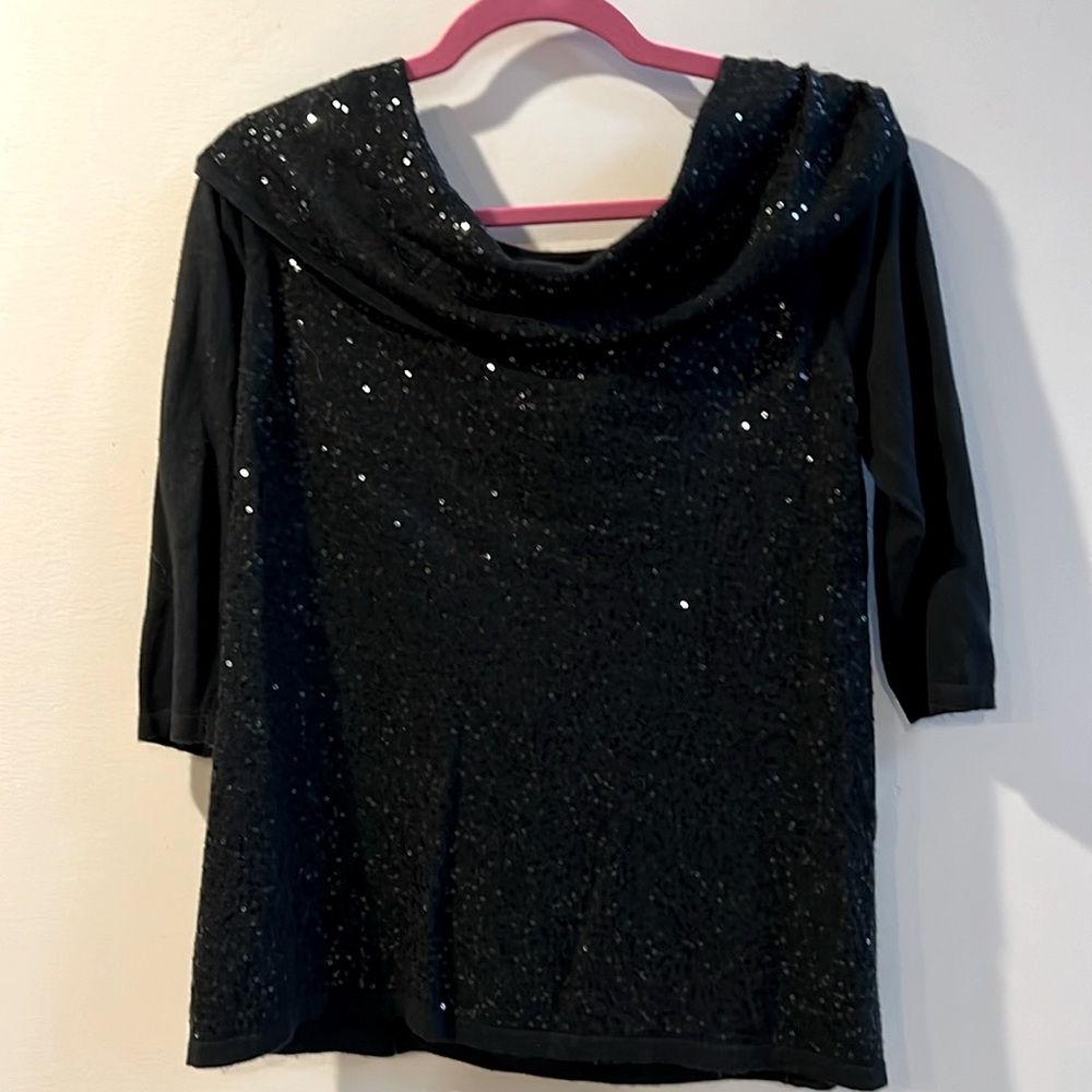 Women’s White House Black Market Black Sequin Holiday Sweater Medium 3/4 Sleeve